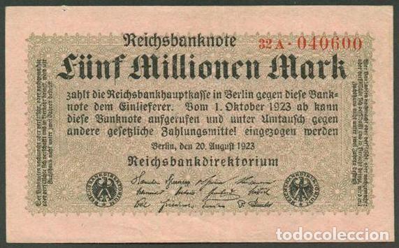 Billetes extranjeros: ALEMANIA (Rep. Weimar). 5 millionen mark 20.8. 1923. Pick 105. Unifaz.
