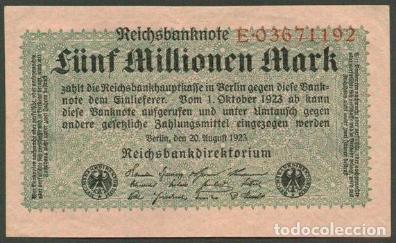 Billetes extranjeros: ALEMANIA (Rep. Weimar). 5 millionen mark 20.8. 1923. Pick 104. Unifaz.