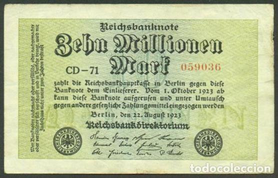 Billetes extranjeros: ALEMANIA (Rep. Weimar). 10 millionen mark 22.8. 1923. Pick 106. Unifaz.