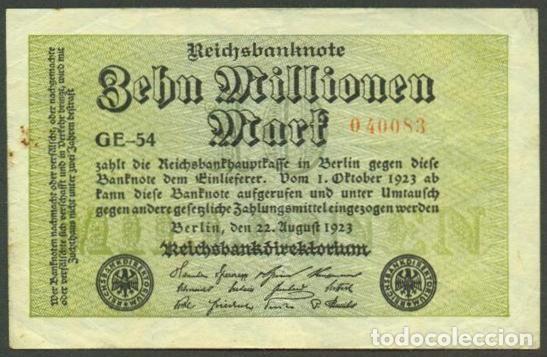 Billetes extranjeros: ALEMANIA (Rep. Weimar). 10 millionen mark 22.8. 1923. Pick 106. Unifaz.