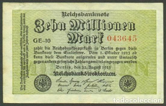 Billetes extranjeros: ALEMANIA (Rep. Weimar). 10 millionen mark 22.8. 1923. Pick 106. Unifaz.