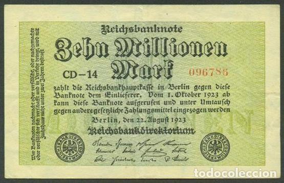 Billetes extranjeros: ALEMANIA (Rep. Weimar). 10 millionen mark 22.8. 1923. Pick 106. Unifaz.