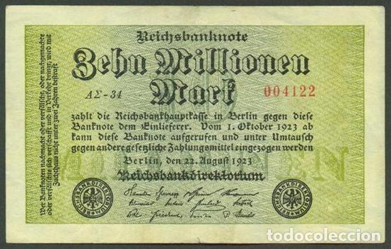Billetes extranjeros: ALEMANIA (Rep. Weimar). 10 millionen mark 22.8. 1923. Pick 106. Unifaz.
