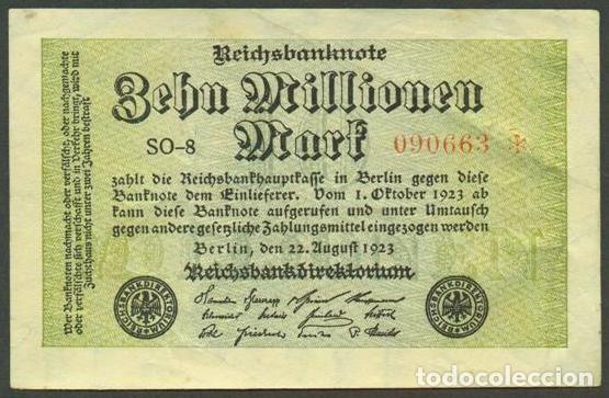 Billetes extranjeros: ALEMANIA (Rep. Weimar). 10 millionen mark 22.8. 1923. Pick 106. Unifaz.