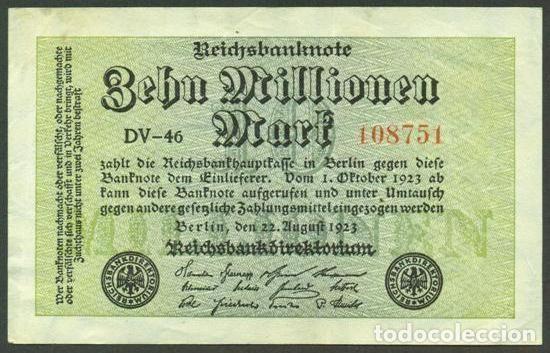 Billetes extranjeros: ALEMANIA (Rep. Weimar). 10 millionen mark 22.8. 1923. Pick 106. Unifaz.