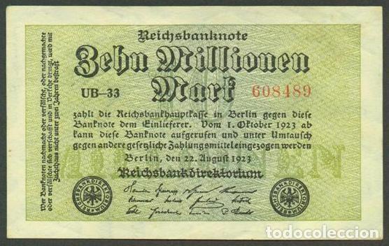 Billetes extranjeros: ALEMANIA (Rep. Weimar). 10 millionen mark 22.8. 1923. Pick 106. Unifaz.