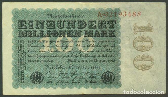 Billetes extranjeros: ALEMANIA (Rep. Weimar). 100 millionen mark 22.8. 1923. Pick 107 a. Unifaz.