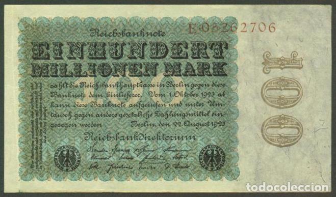 Billetes extranjeros: ALEMANIA (Rep. Weimar). 100 millionen mark 22.8. 1923. Pick 107 a. Unifaz.