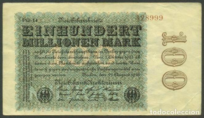 Billetes extranjeros: ALEMANIA (Rep. Weimar). 100 millionen mark 22.8. 1923. Pick 107. Unifaz. Ver tipo de numerador.