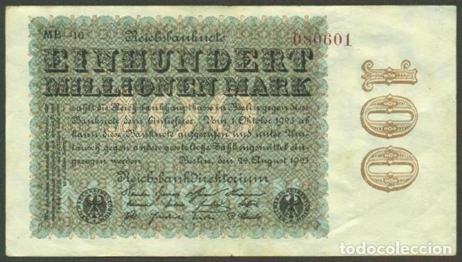 Billetes extranjeros: ALEMANIA (Rep. Weimar). 100 millionen mark 22.8. 1923. Pick 107. Unifaz. Ver tipo de numerador.
