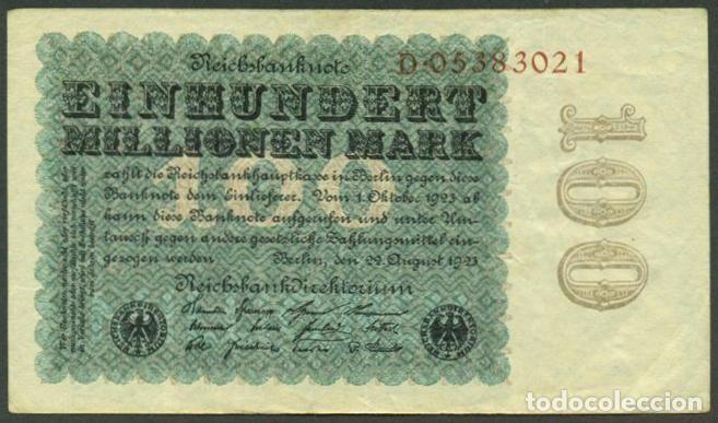 Billetes extranjeros: ALEMANIA (Rep. Weimar). 100 millionen mark 22.8. 1923. Pick 107. Unifaz. Ver tipo de numerador.