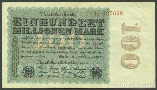 Billetes extranjeros: ALEMANIA (Rep. Weimar). 100 millionen mark 22.8. 1923. Pick 107. Unifaz. Ver tipo de numerador.