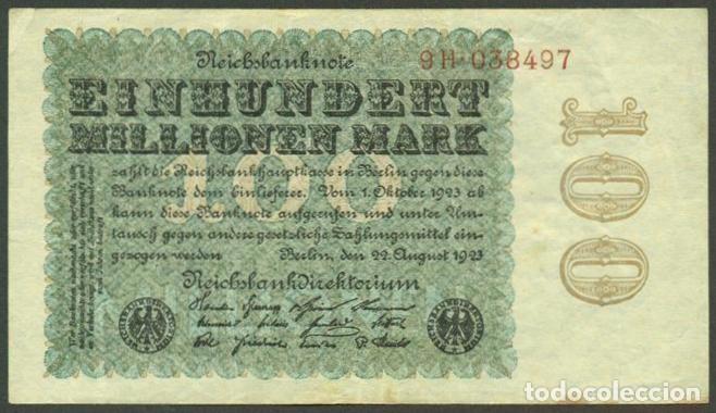 Billetes extranjeros: ALEMANIA (Rep. Weimar). 100 millionen mark 22.8. 1923. Pick 107. Unifaz. Ver tipo de numerador.