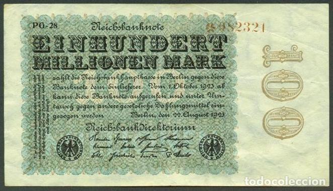 Billetes extranjeros: ALEMANIA (Rep. Weimar). 100 millionen mark 22.8. 1923. Pick 107. Unifaz. Ver tipo de numerador.