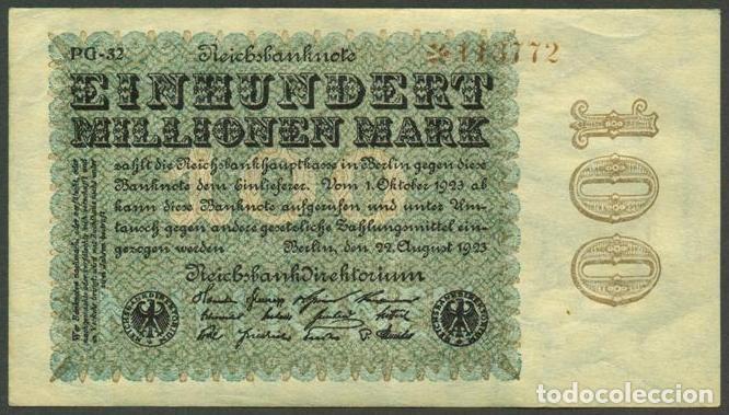 Billetes extranjeros: ALEMANIA (Rep. Weimar). 100 millionen mark 22.8. 1923. Pick 107. Unifaz. Ver tipo de numerador.