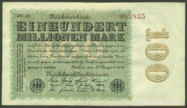 Billetes extranjeros: ALEMANIA (Rep. Weimar). 100 millionen mark 22.8. 1923. Pick 107. Unifaz. Ver tipo de numerador.