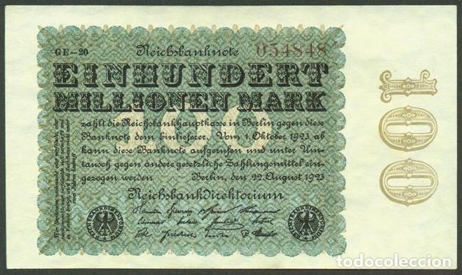 Billetes extranjeros: ALEMANIA (Rep. Weimar). 100 millionen mark 22.8. 1923. Pick 107. Unifaz. Ver tipo de numerador.