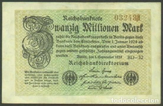 Billetes extranjeros: ALEMANIA (Rep. Weimar). 20 millionen mark 1.9. 1923. Pick 108. Unifaz.