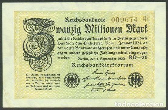 Billetes extranjeros: ALEMANIA (Rep. Weimar). 20 millionen mark 1.9. 1923. Pick 108. Unifaz.