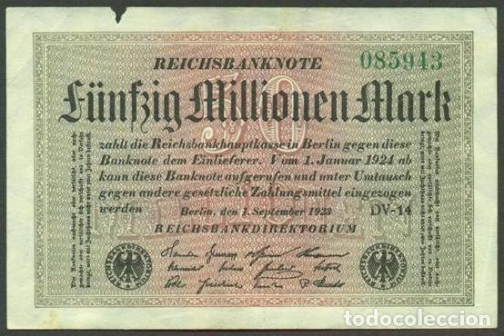 Billetes extranjeros: ALEMANIA (Rep. Weimar). 50 millionen mark 1.9. 1923. Pick 109. Unifaz.