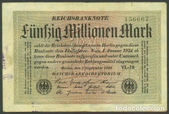 Billetes extranjeros: ALEMANIA (Rep. Weimar). 50 millionen mark 1.9. 1923. Pick 109. Unifaz.