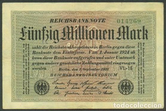 Billetes extranjeros: ALEMANIA (Rep. Weimar). 50 millionen mark 1.9. 1923. Pick 109. Unifaz.