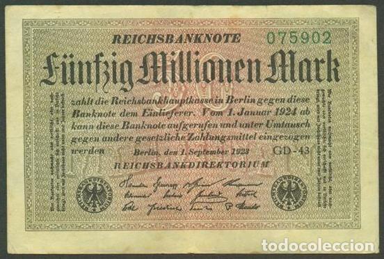 Billetes extranjeros: ALEMANIA (Rep. Weimar). 50 millionen mark 1.9. 1923. Pick 109. Unifaz.