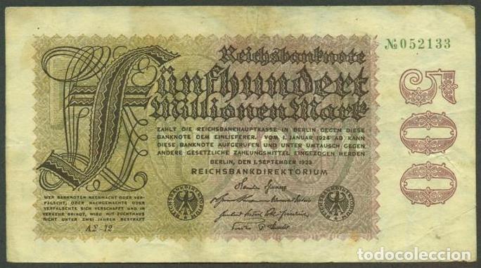 Billetes extranjeros: ALEMANIA (Rep. Weimar). 500 millionen mark 1.9. 1923. Pick 110. Unifaz.