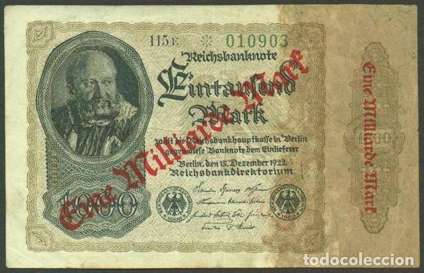 Billetes extranjeros: ALEMANIA (Rep. Weimar). 1 Milliarde Mark sept. 1923. Pick 113. Ver numerador, color de papel.