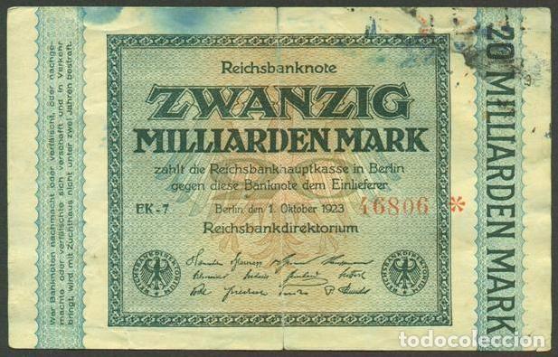 Billetes extranjeros: ALEMANIA (Rep. Weimar). 20 Milliarden Mark 1.10.1923. Pick 118. Unifaz.
