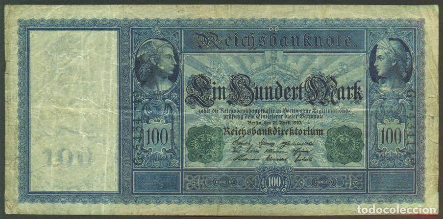 Billetes extranjeros: ALEMANIA (Imperio). 100 mark 21.4.1910. Numeros en verde. Pick 43.