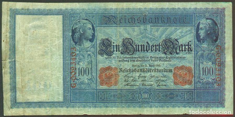 Billetes extranjeros: ALEMANIA (Imperio). 100 mark 21.4.1910. Numeros en rojo. Pick 42.