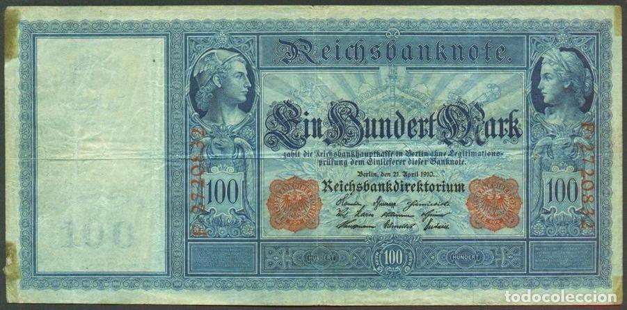 Billetes extranjeros: ALEMANIA (Imperio). 100 mark 21.4.1910. Numeros en rojo. Pick 42.