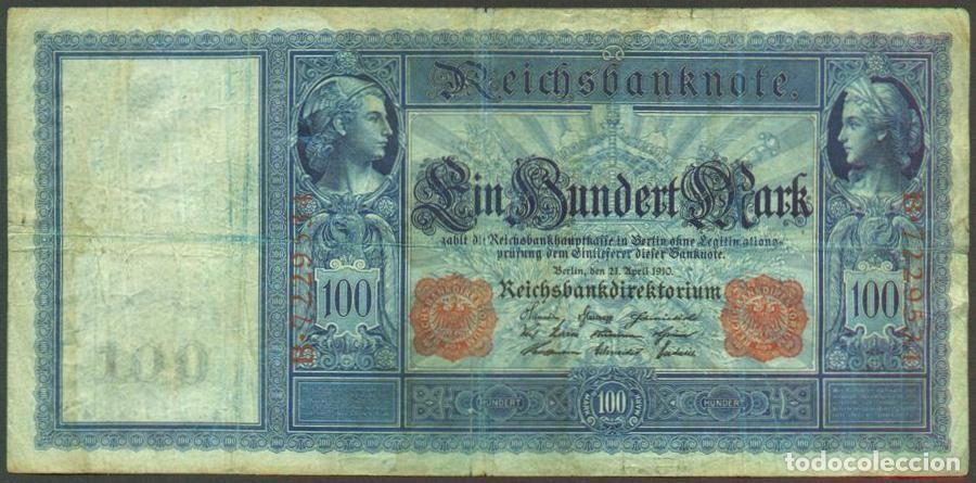 Billetes extranjeros: ALEMANIA (Imperio). 100 mark 21.4.1910. Numeros en rojo. Pick 42.