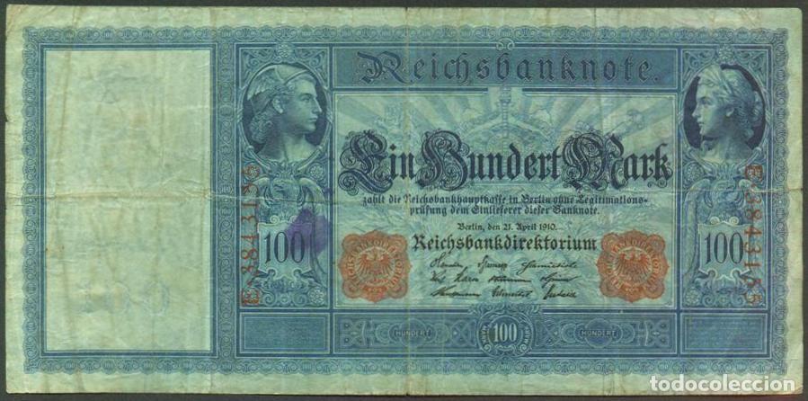 Billetes extranjeros: ALEMANIA (Imperio). 100 mark 21.4.1910. Numeros en rojo. Pick 42.
