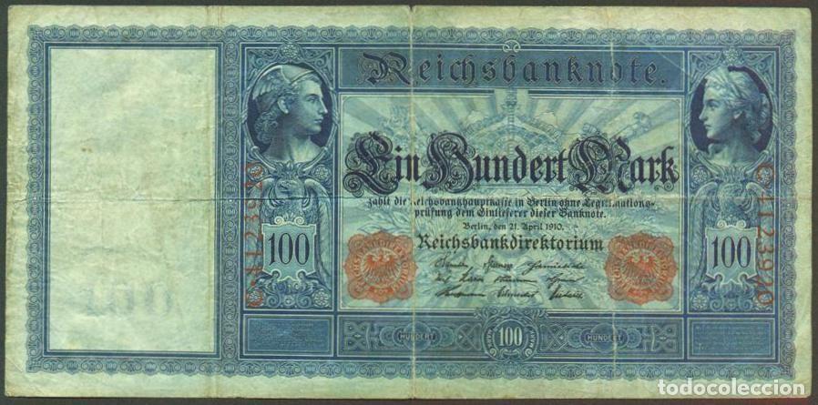 Billetes extranjeros: ALEMANIA (Imperio). 100 mark 21.4.1910. Numeros en rojo. Pick 42.