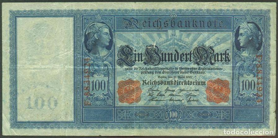 Billetes extranjeros: ALEMANIA (Imperio). 100 mark 21.4.1910. Numeros en rojo. Pick 42.