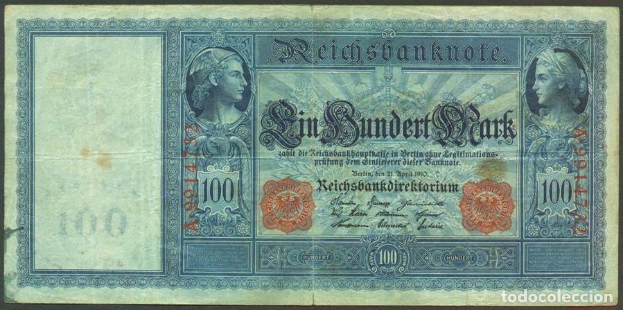 Billetes extranjeros: ALEMANIA (Imperio). 100 mark 21.4.1910. Numeros en rojo. Pick 42.