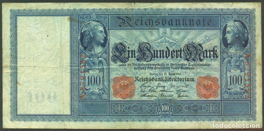 Billetes extranjeros: ALEMANIA (Imperio). 100 mark 21.4.1910. Numeros en rojo. Pick 42.