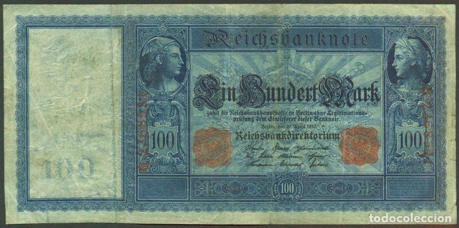 Billetes extranjeros: ALEMANIA (Imperio). 100 mark 21.4.1910. Numeros en rojo. Pick 42.