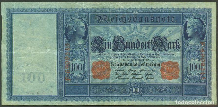 Billetes extranjeros: ALEMANIA (Imperio). 100 mark 21.4.1910. Numeros en rojo. Pick 42.