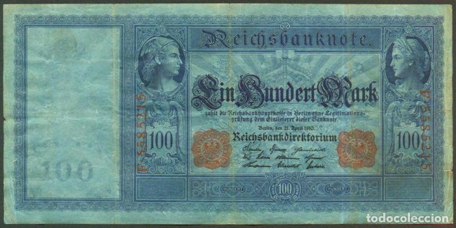 Billetes extranjeros: ALEMANIA (Imperio). 100 mark 21.4.1910. Numeros en rojo. Pick 42.