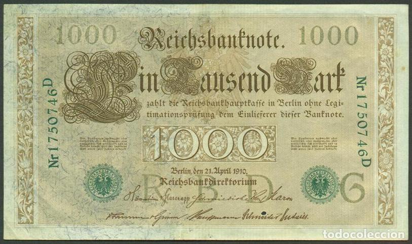 Billetes extranjeros: ALEMANIA (Imperio). 1000 mark 21.4.1910. Numeros en verde. Pick 45.