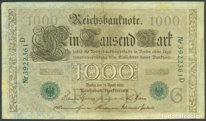 Billetes extranjeros: ALEMANIA (Imperio). 1000 mark 21.4.1910. Numeros en verde. Pick 45.