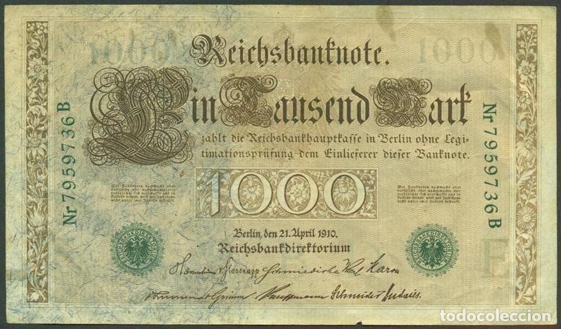 Billetes extranjeros: ALEMANIA (Imperio). 1000 mark 21.4.1910. Numeros en verde. Pick 45.