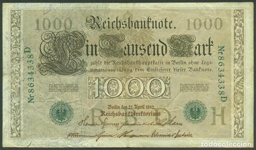 Billetes extranjeros: ALEMANIA (Imperio). 1000 mark 21.4.1910. Numeros en verde. Pick 45.
