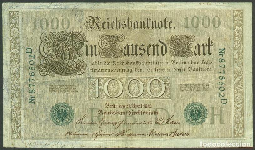 Billetes extranjeros: ALEMANIA (Imperio). 1000 mark 21.4.1910. Numeros en verde. Pick 45.