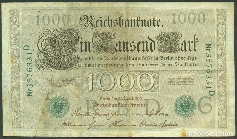 Billetes extranjeros: ALEMANIA (Imperio). 1000 mark 21.4.1910. Numeros en verde. Pick 45.