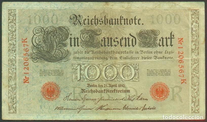 Billetes extranjeros: ALEMANIA (Imperio). 1000 mark 21.4.1910. Numeros en rojo. Pick 44 b.