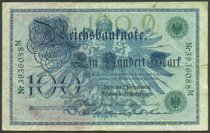 Billetes extranjeros: ALEMANIA (Imperio). 100 mark 7.2.1908. Pick 34. Numero de serie en verde.